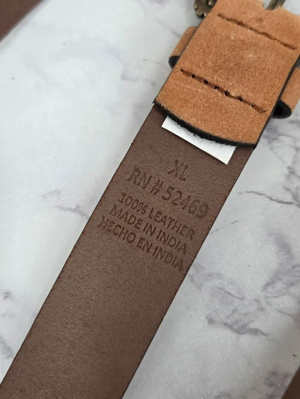 Tan Suede Leather Belt with Antiqued Brass Tone Buckle